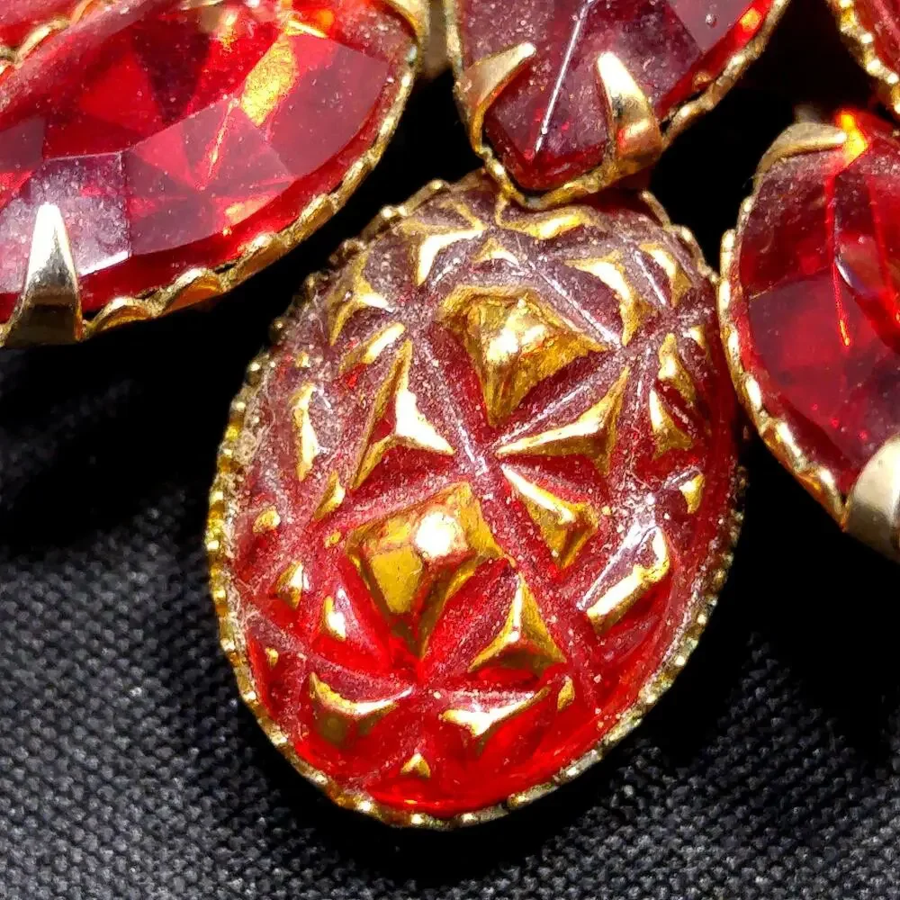 Judy Lee Red Rhinestone Brooch, Red Gold Molded Glass Petals, 1960s Vintage